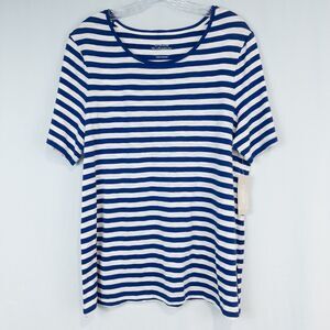 Chicos Cotton Slub Stripe Button Back Tee Womens 2 (L) Seafaring Blue Nautical